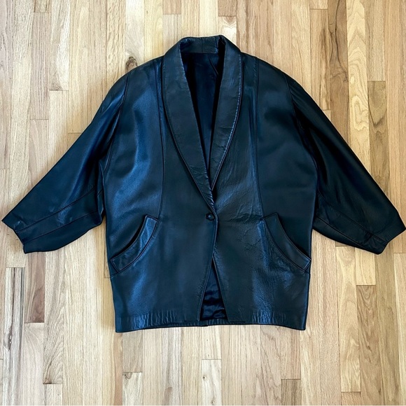 VINTAGE LEATHER BLAZER oversized jacket 100% sheepskin leather black O/S - Picture 3 of 13